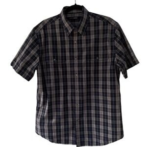 John‎ Henry Plaid Shirt Short Sleeve Button Up Casual Mens Gray Black large EUC